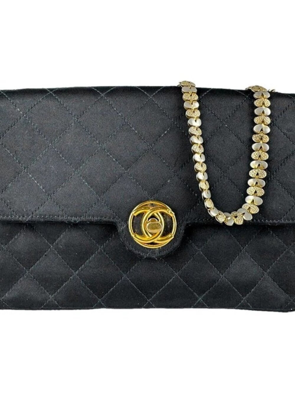 Auth CHANEL Chain Shoulder Bag Black/Gold Satin/Metal - z9763
